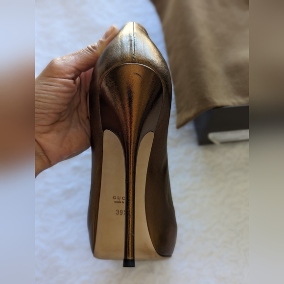 Gucci Light Bronze Nappa Silk Peep Toe Heels - Picture 7 of 12